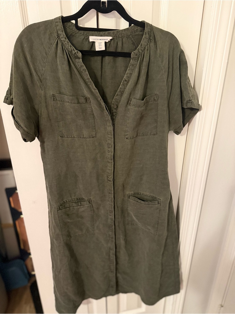 Lucky Brand Olive Green Linen Blend Utility Popover Shirt Dress Size Medium